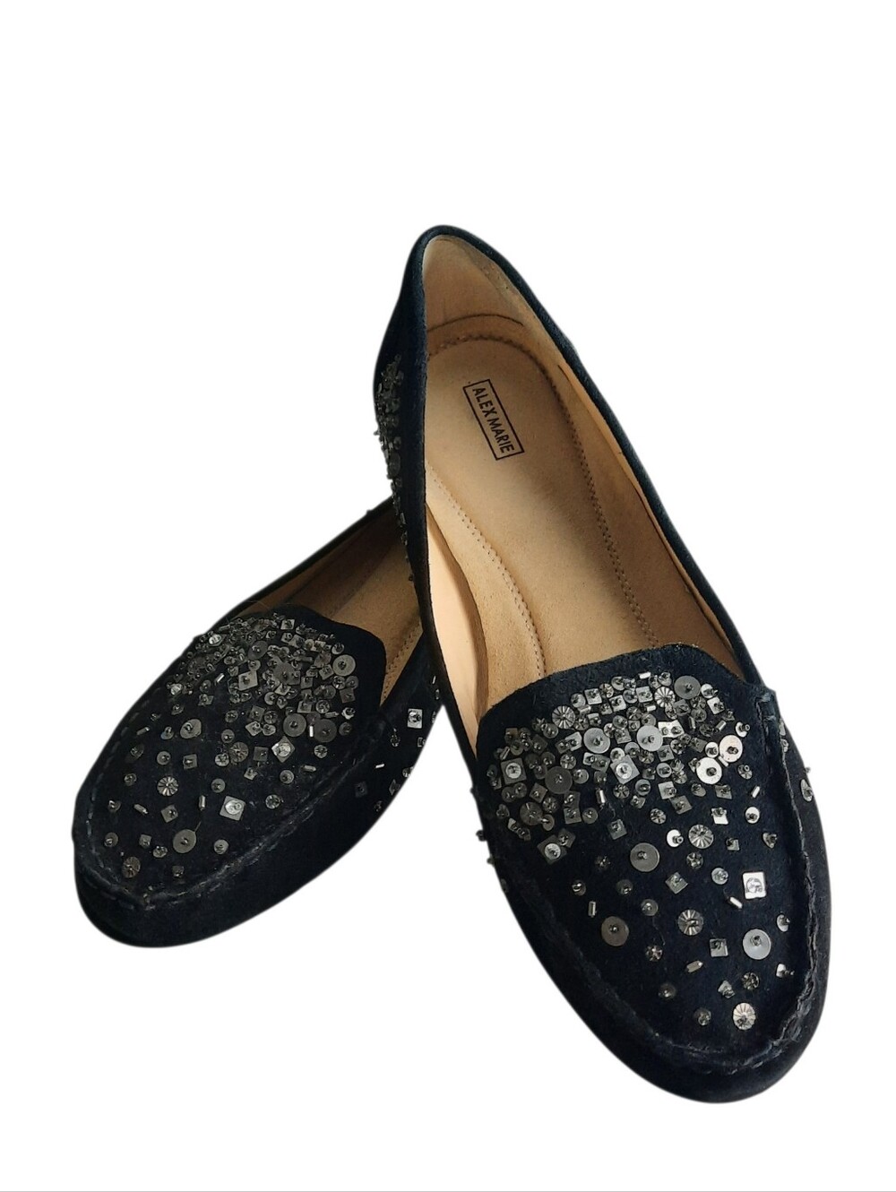 ALEX MARIE Blayke Beaded Sequins Black Suede Classic Slip-On Loafers Sz 9